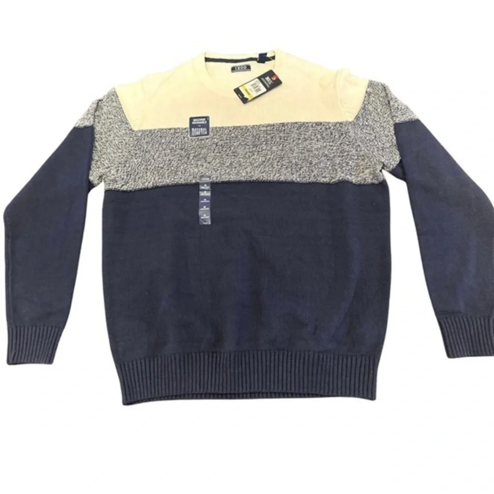 IZOD Mens Colorblock Crewneck Sweater Navy Cream‎ Grey Marl Stretch Pullover M